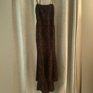 Black sleeveless formal dress with flocked velvet pattern